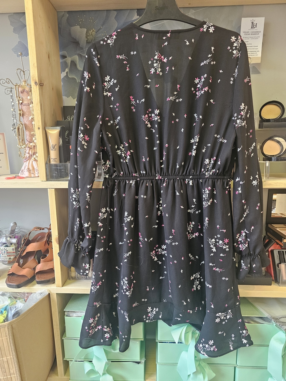 Dynamite Black Floral Wrap Dress with Pink Accents - Picture 3 of 4